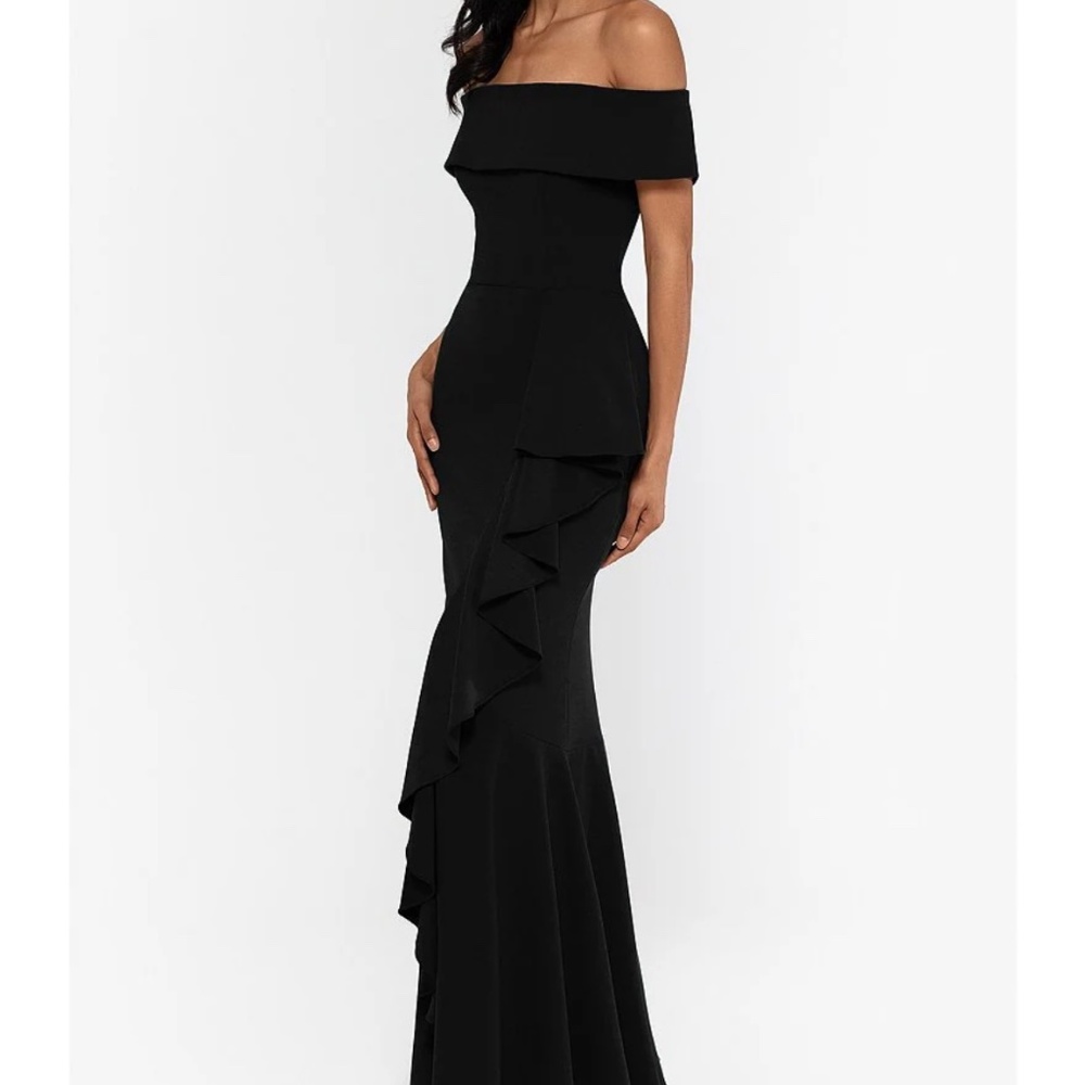 Black Off-the-Shoulder Ruffled Scuba Crepe Maxi Dress